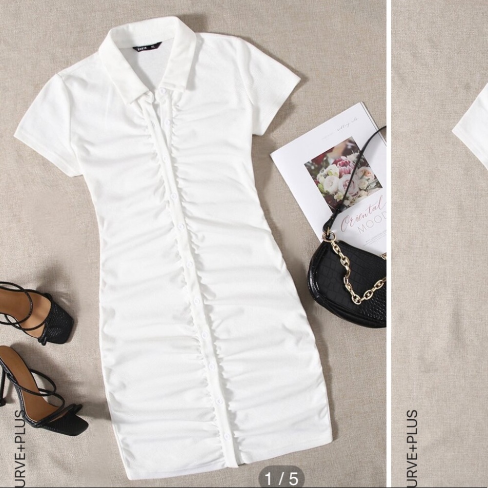 Shein White Collar Ruched Detail Button Up Dress